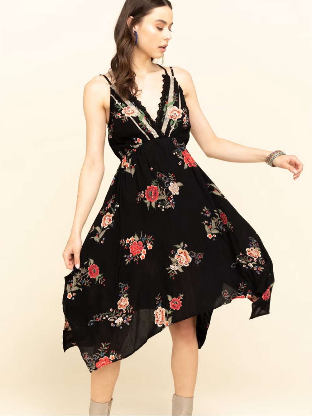 Angie floral and lace dress with handkerchief hemline midi dress sz M